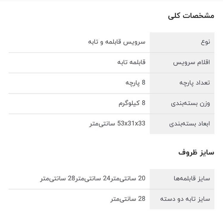 سرویس درونیکا هشت پارچه سه عدد قابلمه سایزهای ۲۰/۲۴/۲۸ تابه سایز ۲۸ با ارتفاع زیاد طراحی کف جهت پخت یکنواخت